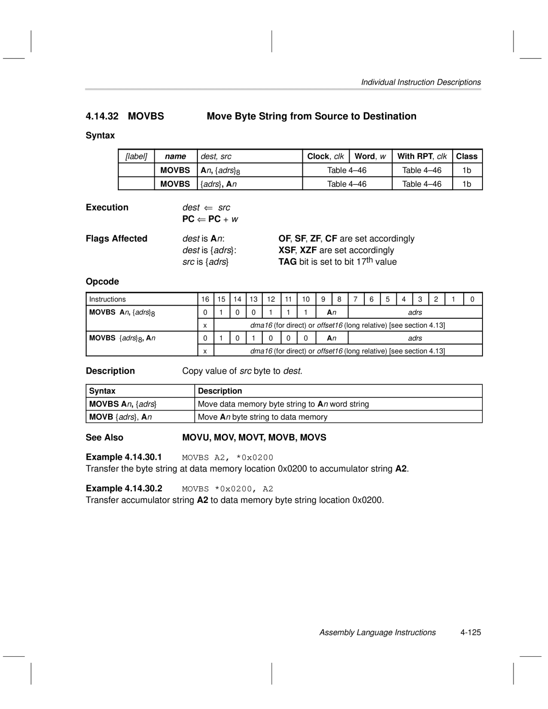 Texas Instruments MSP50C6xx manual Movbs Move Byte String from Source to Destination, TAG bit is set to bit 17th value 