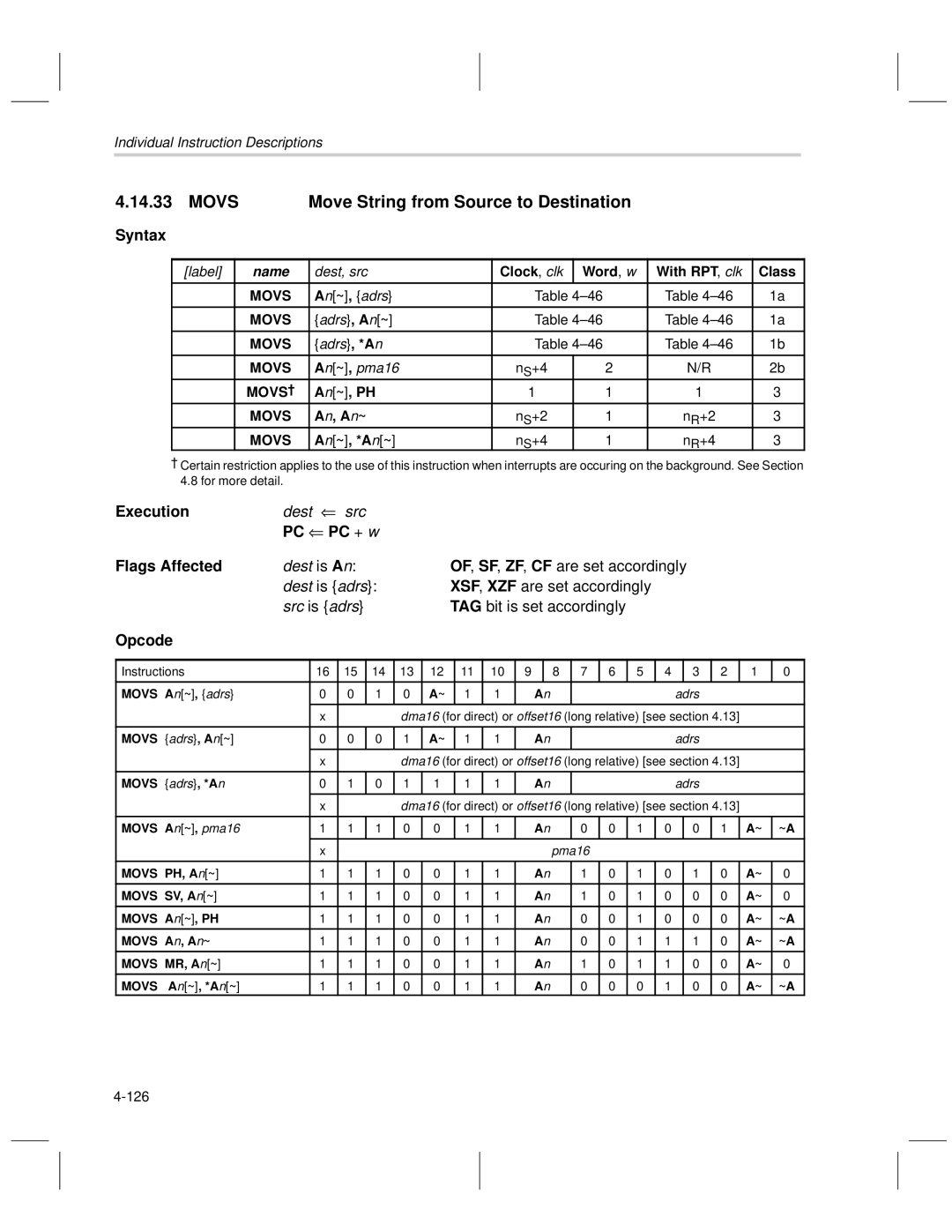 Texas Instruments MSP50C6xx manual Movs Move String from Source to Destination, An ~ , adrs, Adrs , An ~, Adrs , *An, 126 