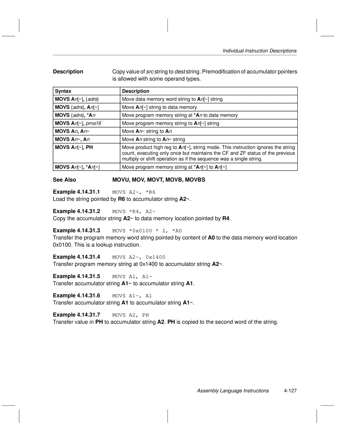 Texas Instruments MSP50C6xx manual MOVU, MOV, MOVT, MOVB, Movbs, Movs A2~, Movs A1, A1~, Movs A1~, A1 