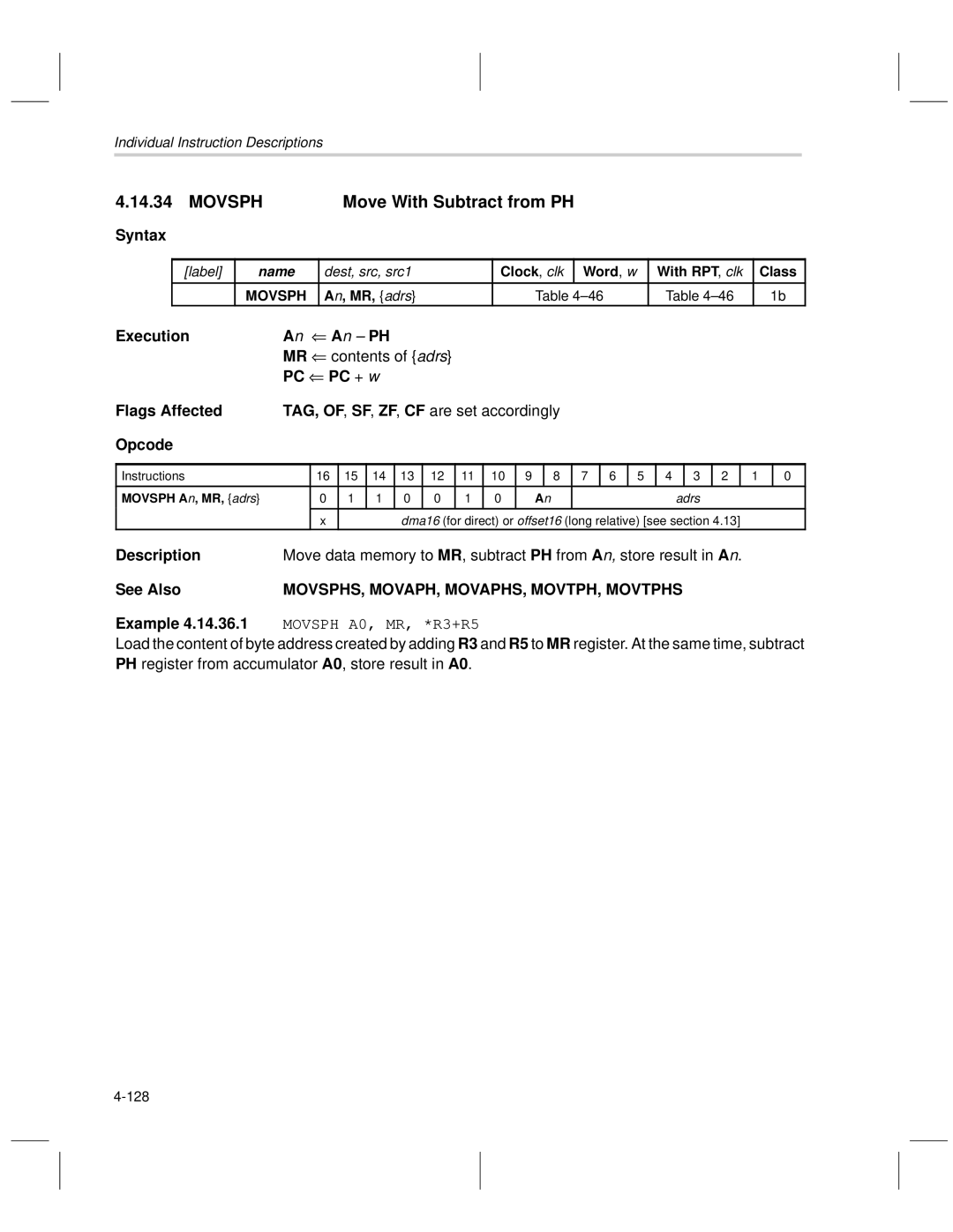 Texas Instruments MSP50C6xx manual Movsph, MOVSPHS, MOVAPH, MOVAPHS, MOVTPH, Movtphs, 128 