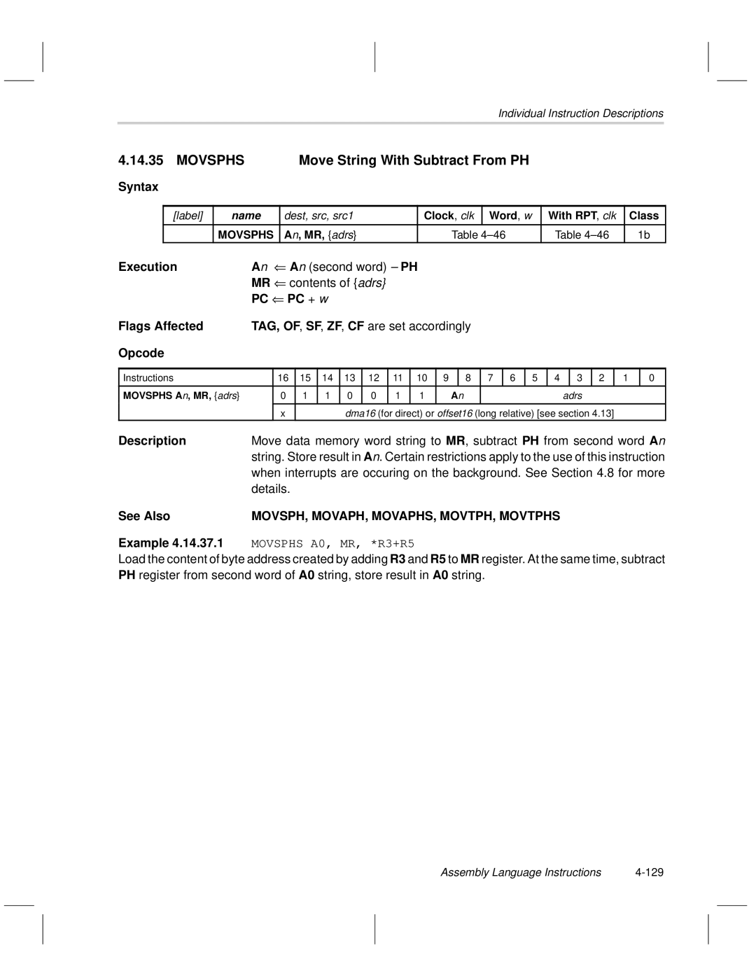 Texas Instruments MSP50C6xx Movsphs Move String With Subtract From PH, An second word PH MR contents of adrs, Details 