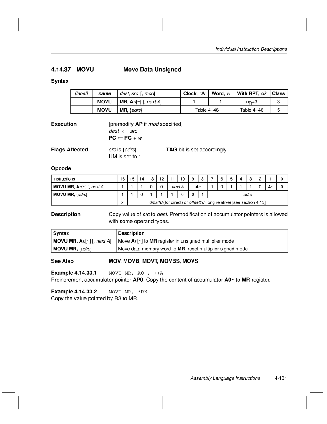 Texas Instruments MSP50C6xx Movu Move Data Unsigned, TAG bit is set accordingly UM is set to, MOV, MOVB, MOVT, MOVBS, Movs 