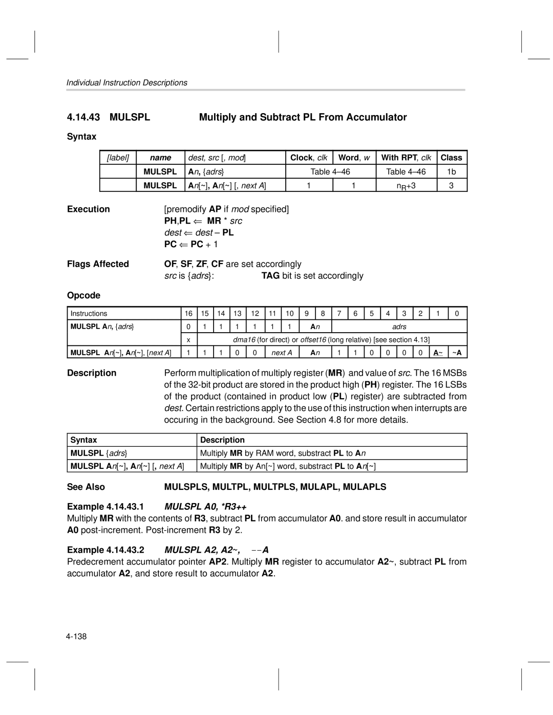 Texas Instruments MSP50C6xx Mulspl Multiply and Subtract PL From Accumulator, MULSPLS, MULTPL, MULTPLS, MULAPL, Mulapls 