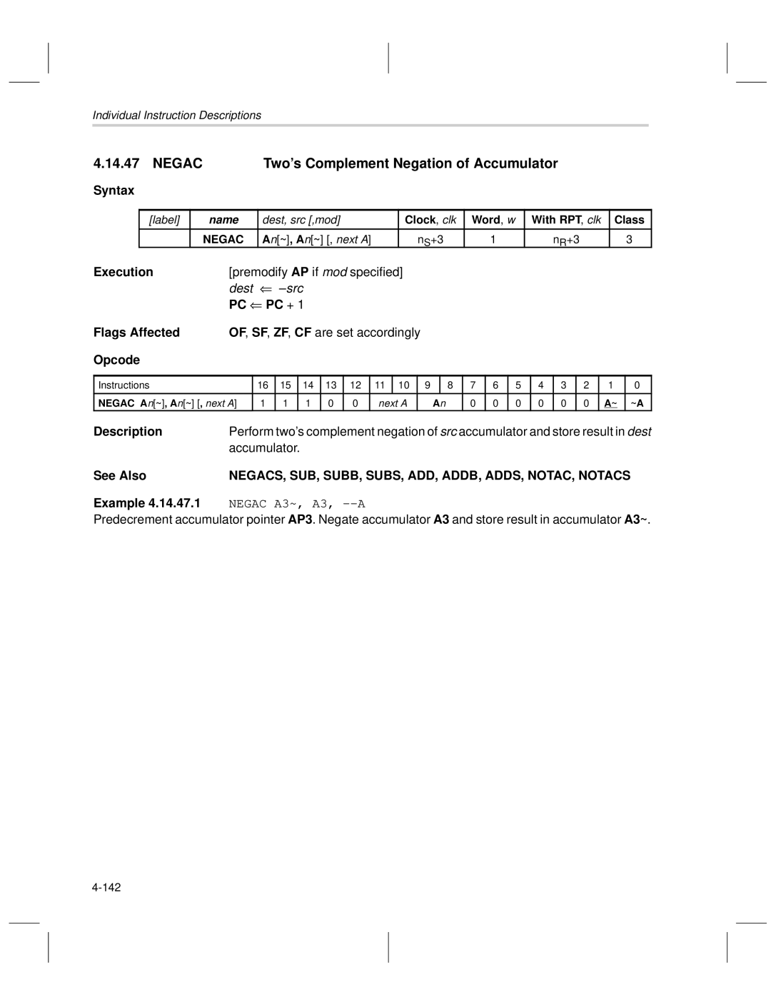 Texas Instruments MSP50C6xx manual Negac Two’s Complement Negation of Accumulator, Example 4.14.47.1 Negac A3~, A3, --A 