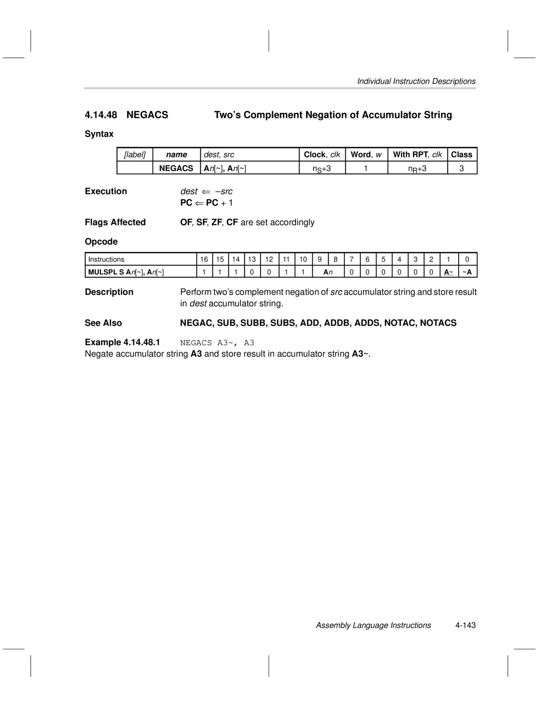 Texas Instruments MSP50C6xx manual Negacs Two’s Complement Negation of Accumulator String, Dest accumulator string 