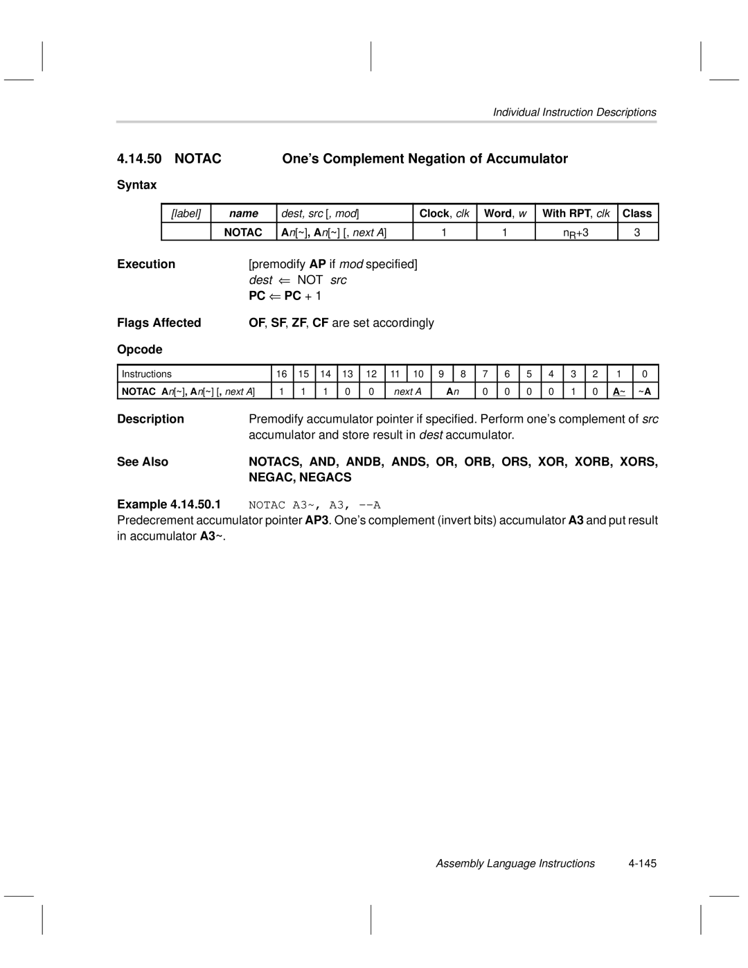 Texas Instruments MSP50C6xx manual Notac One’s Complement Negation of Accumulator, NEGAC, Negacs 