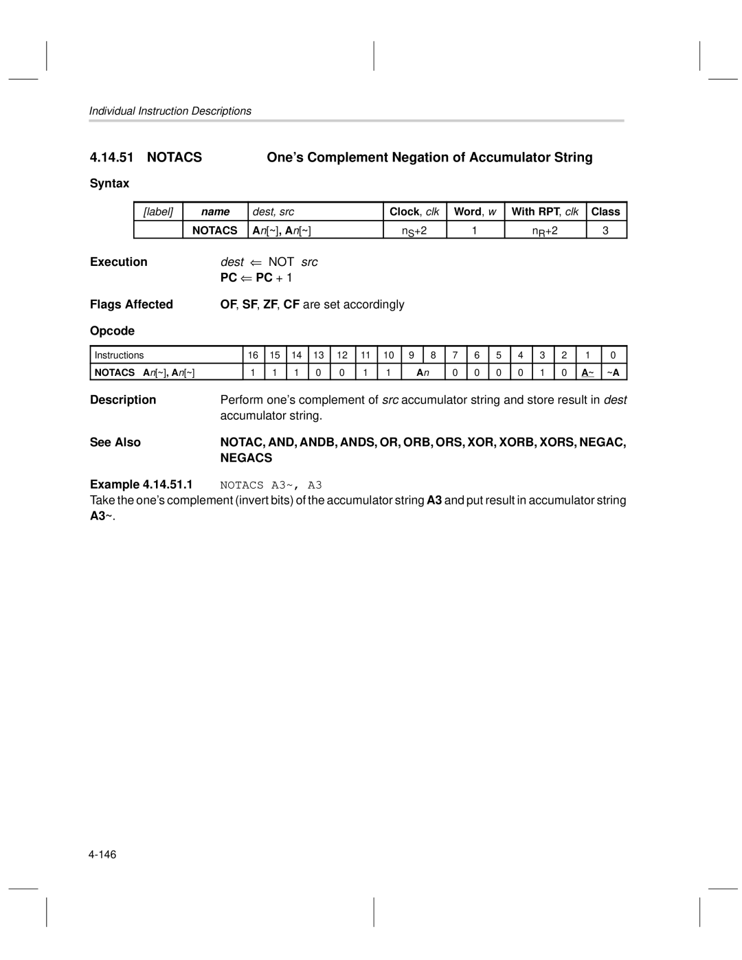 Texas Instruments MSP50C6xx manual Notacs One’s Complement Negation of Accumulator String, Accumulator string, Negacs, A3~ 