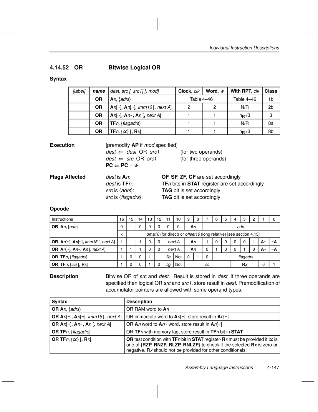 Texas Instruments MSP50C6xx manual or Bitwise Logical or, TFn bits in Stat register are set accordingly 