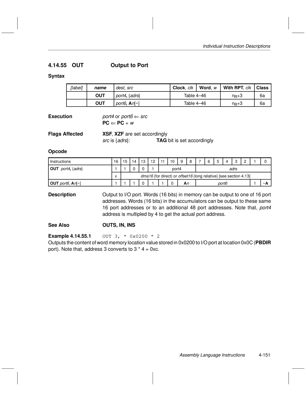 Texas Instruments MSP50C6xx manual 14.55 OUT, Address is multipled by 4 to get the actual port address, Outs, In, Ins 