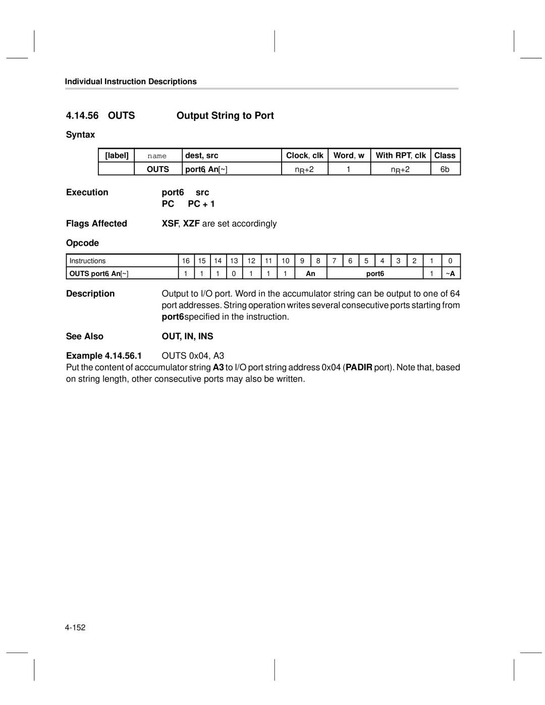 Texas Instruments MSP50C6xx Outs Output String to Port, Port6 specified in the instruction, Out, In, Ins, Port6 , An ~ 