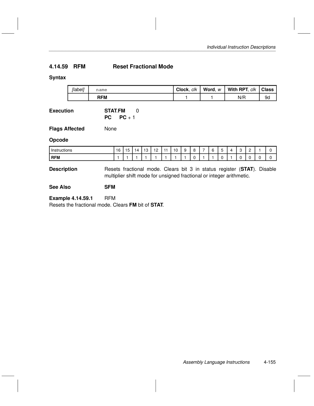 Texas Instruments MSP50C6xx manual 14.59 RFM, Reset Fractional Mode Syntax, Stat.Fm, Sfm 