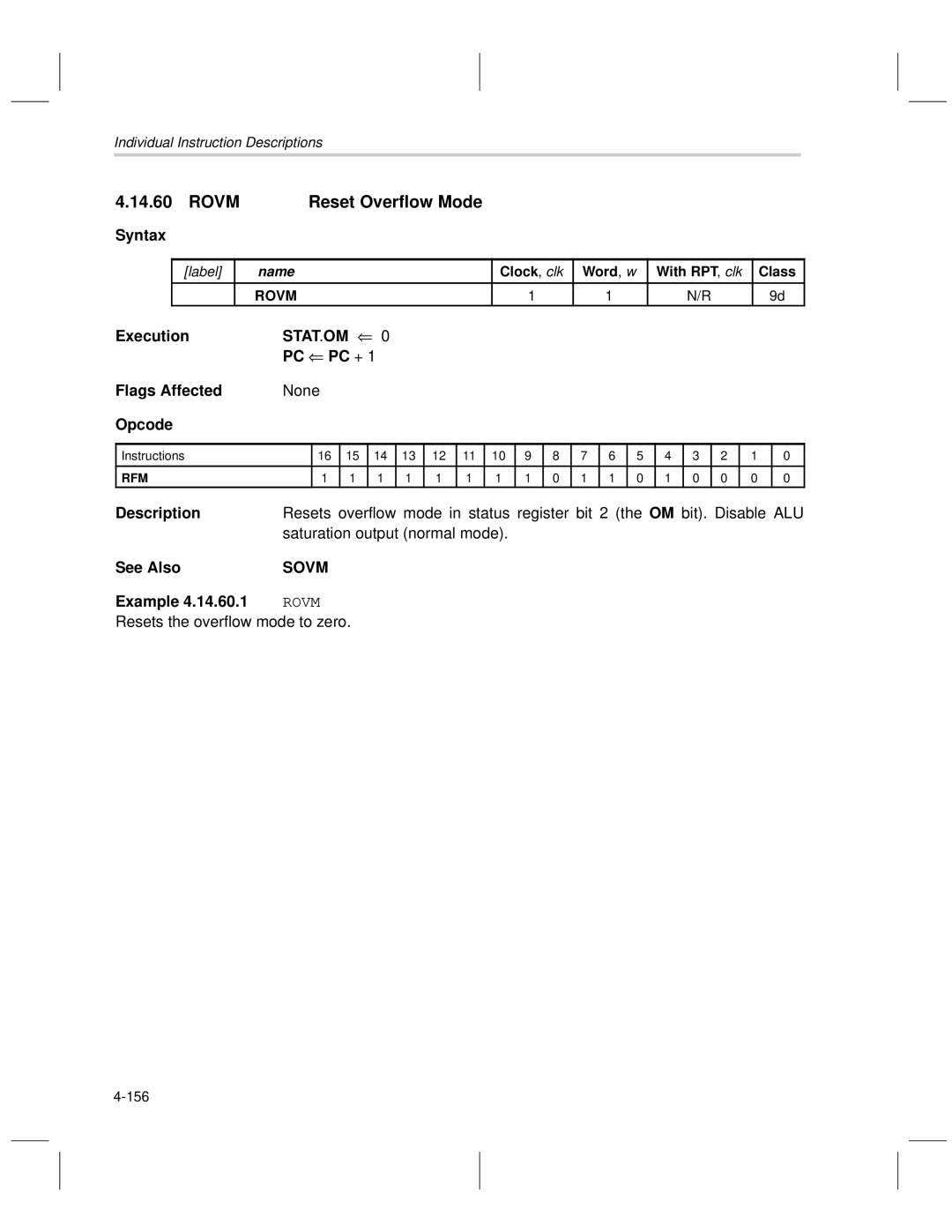 Texas Instruments MSP50C6xx manual Rovm Reset Overflow Mode, Stat .OM, Saturation output normal mode, Sovm 