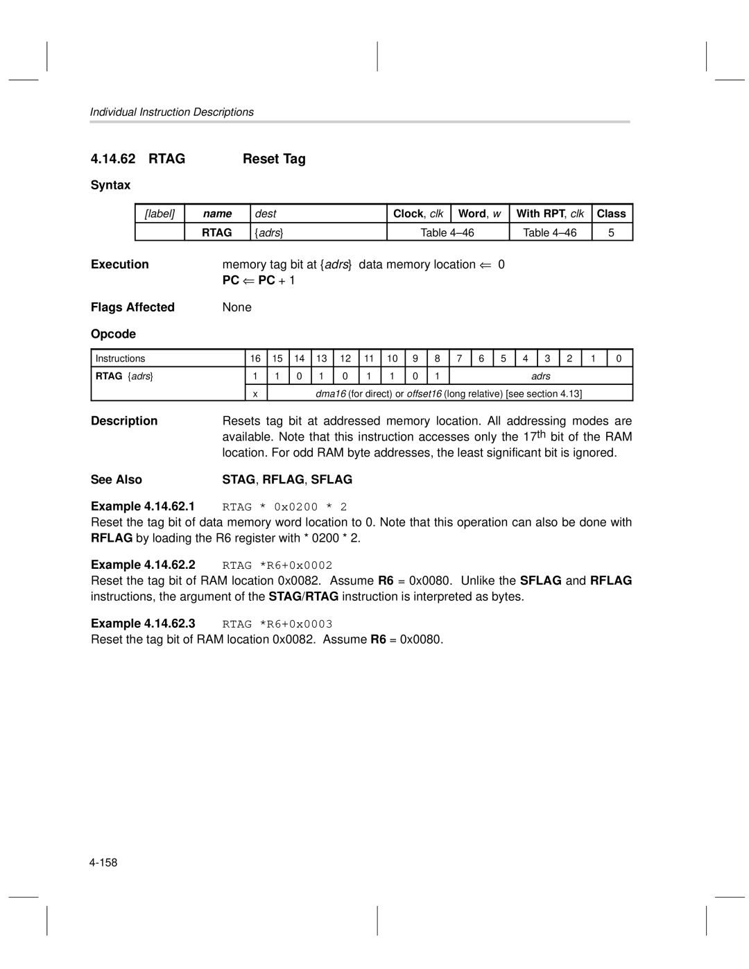 Texas Instruments MSP50C6xx manual Rtag Reset Tag, Stag , Rflag , Sflag, Rtag *R6+0x0002, Rtag *R6+0x0003 