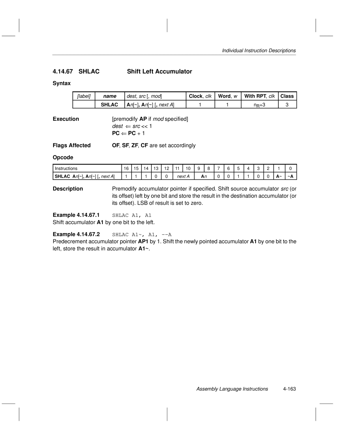 Texas Instruments MSP50C6xx Shlac Shift Left Accumulator, Its offset. LSB of result is set to zero, An~, An~ , next a 