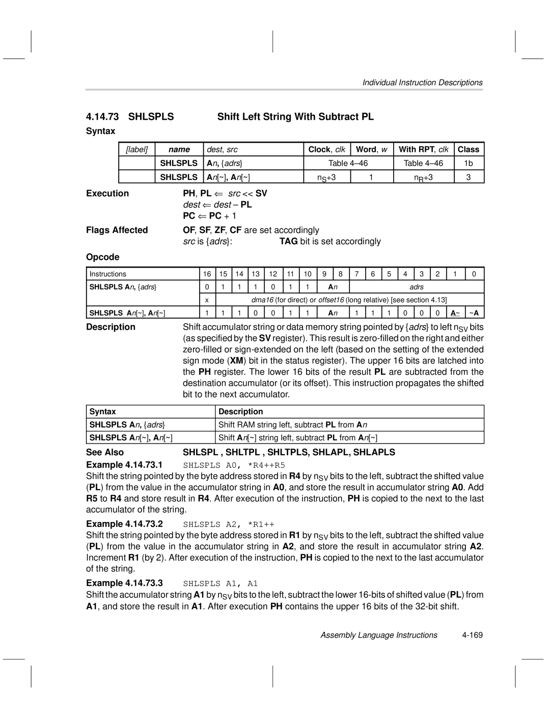 Texas Instruments MSP50C6xx Shlspls Shift Left String With Subtract PL, NS+3 NR+3, Assembly Language Instructions 169 