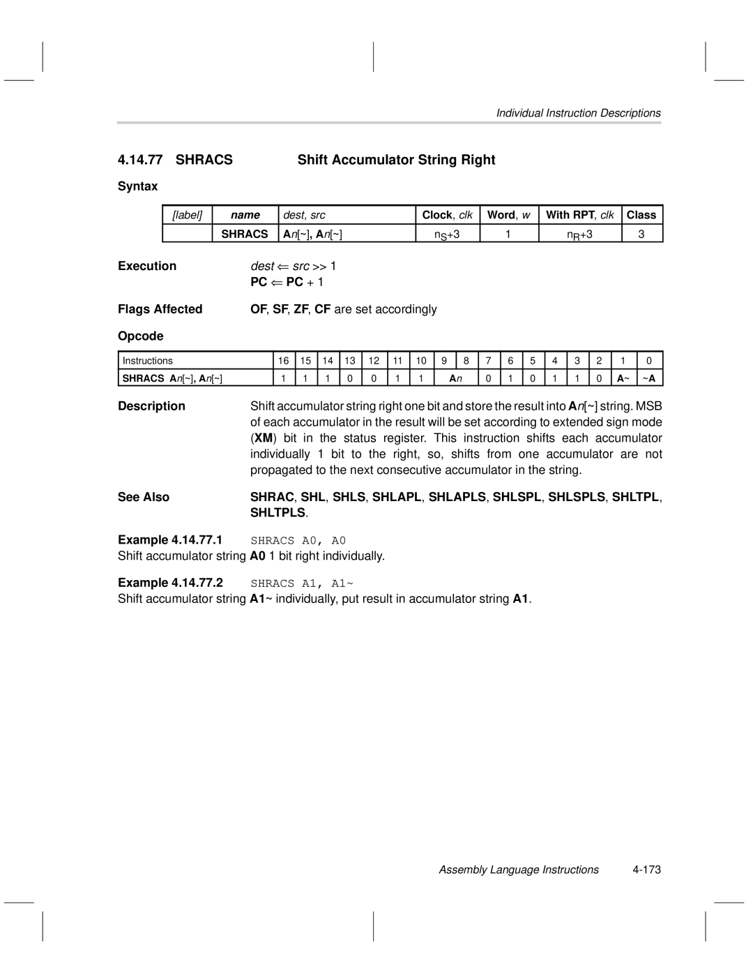 Texas Instruments MSP50C6xx manual Shracs Shift Accumulator String Right, Shltpls, Assembly Language Instructions 173 