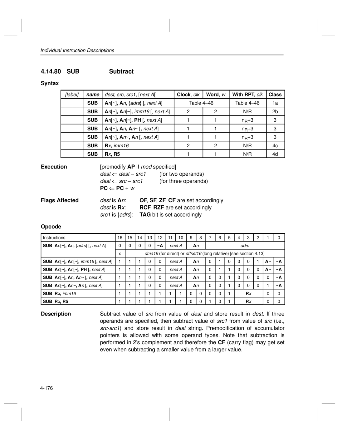 Texas Instruments MSP50C6xx manual SUB Subtract, Dest, src , src1 , next a, An ~ , An , adrs , next a, Rx , imm16 