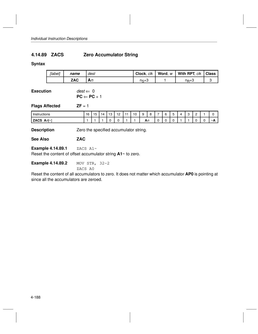 Texas Instruments MSP50C6xx manual Zacs Zero Accumulator String, Zero the specified accumulator string, 188 