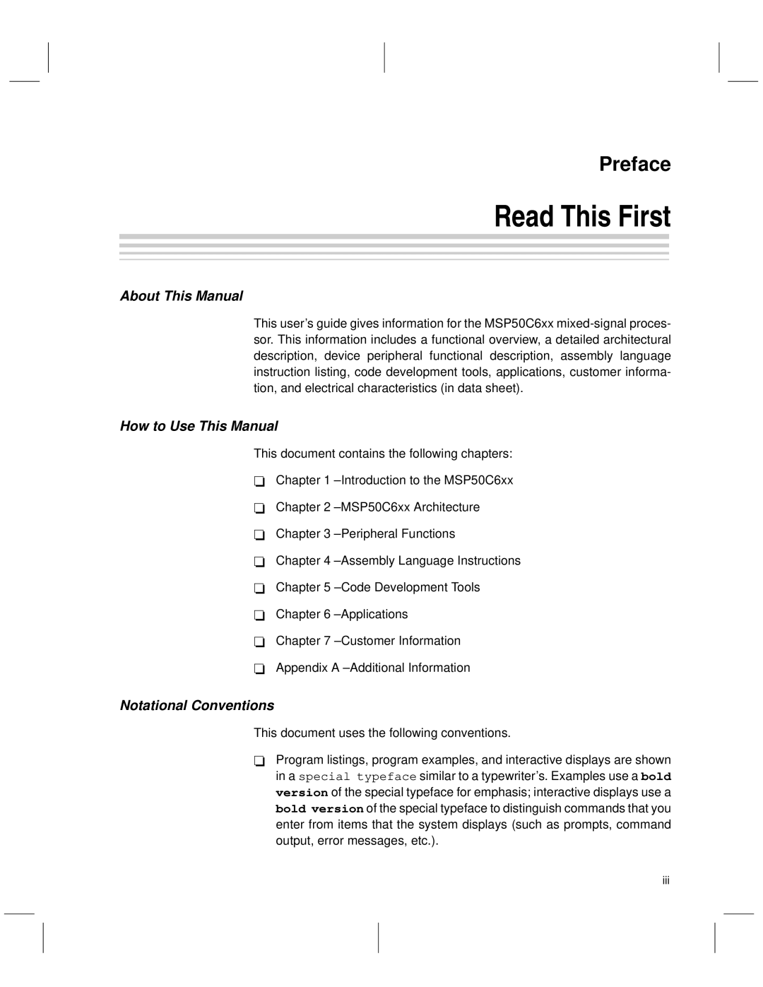 Texas Instruments MSP50C6xx manual About This Manual, How to Use This Manual, Notational Conventions, Iii 