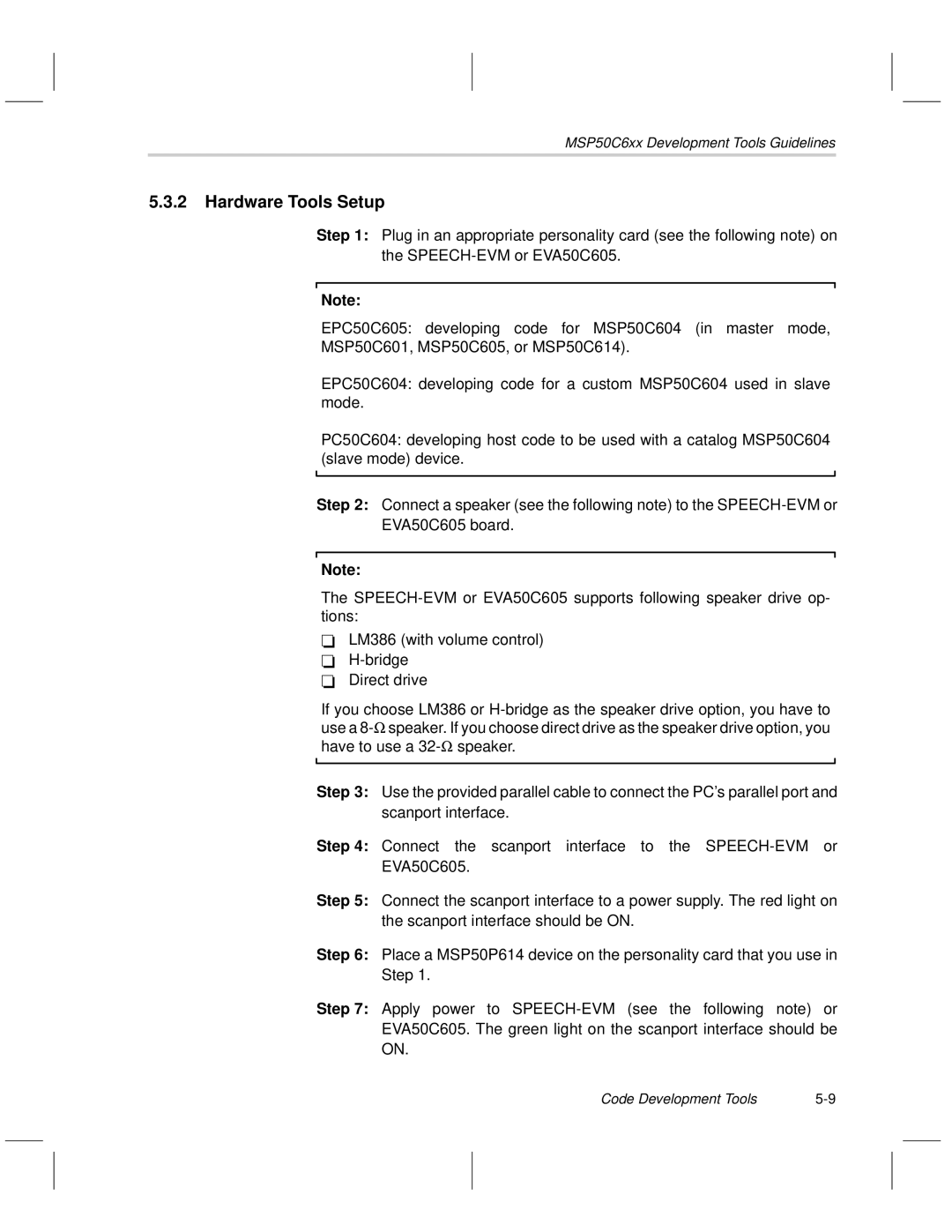 Texas Instruments MSP50C6xx manual Hardware Tools Setup 