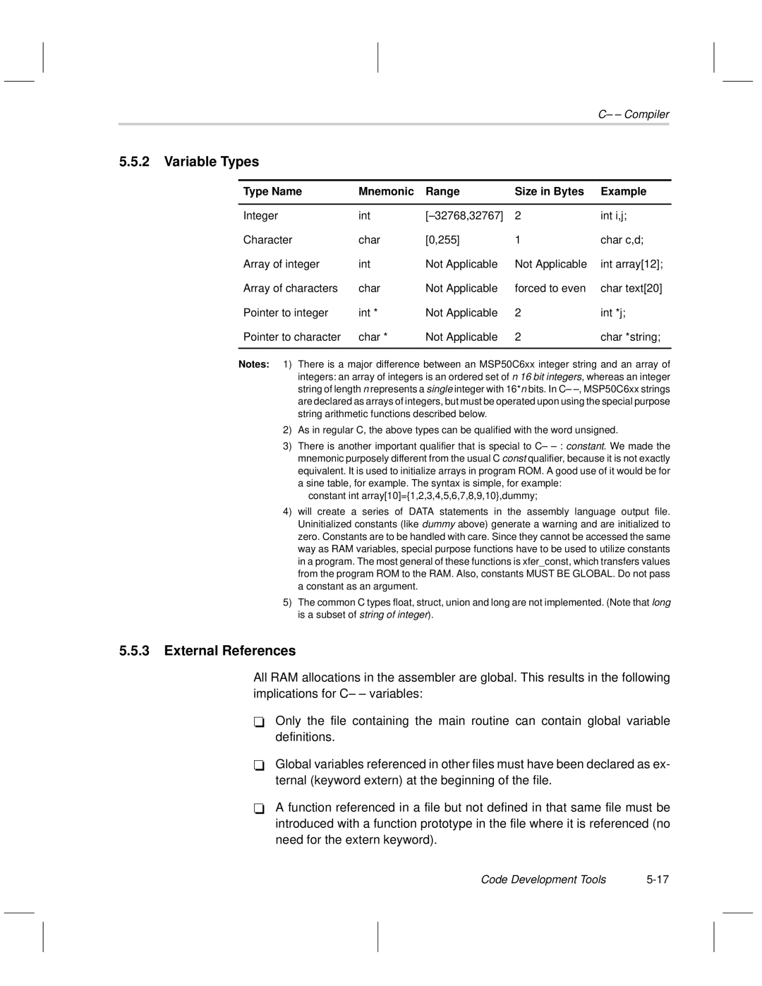 Texas Instruments MSP50C6xx manual Variable Types, External References, Type Name Mnemonic Range Size in Bytes Example 