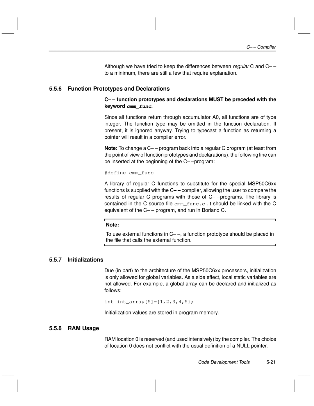 Texas Instruments MSP50C6xx manual Function Prototypes and Declarations, Initializations, RAM Usage 