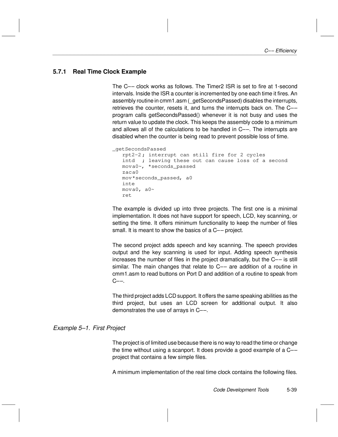 Texas Instruments MSP50C6xx manual Real Time Clock Example, Example 5-1. First Project 