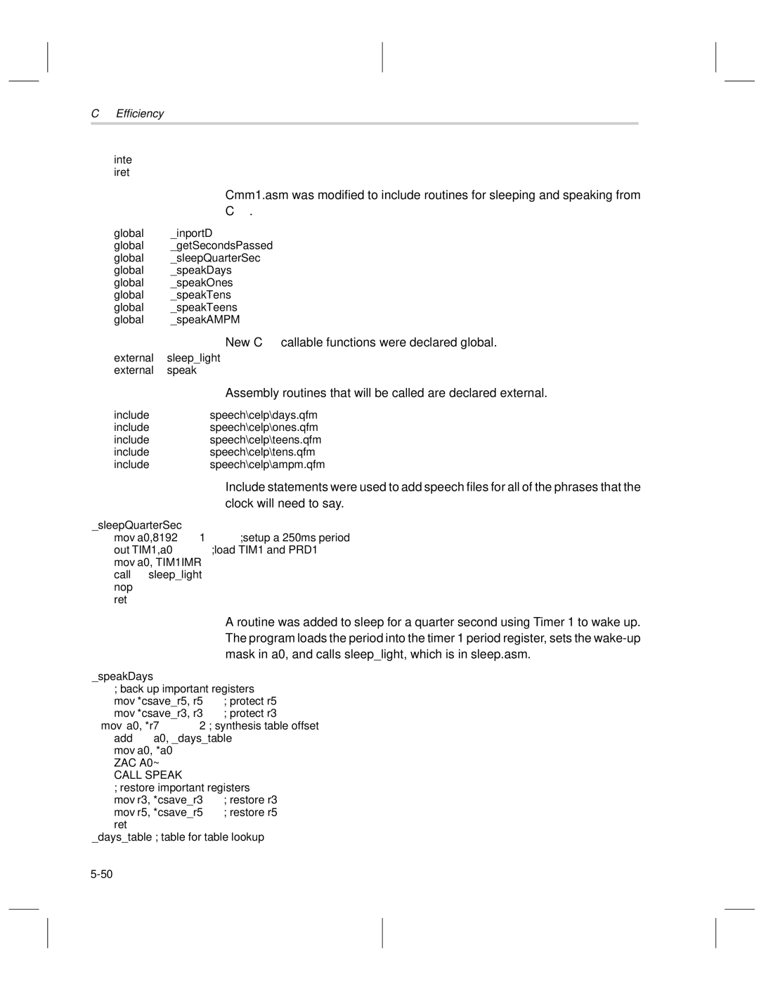 Texas Instruments MSP50C6xx manual New C-- callable functions were declared global, Clock will need to say 