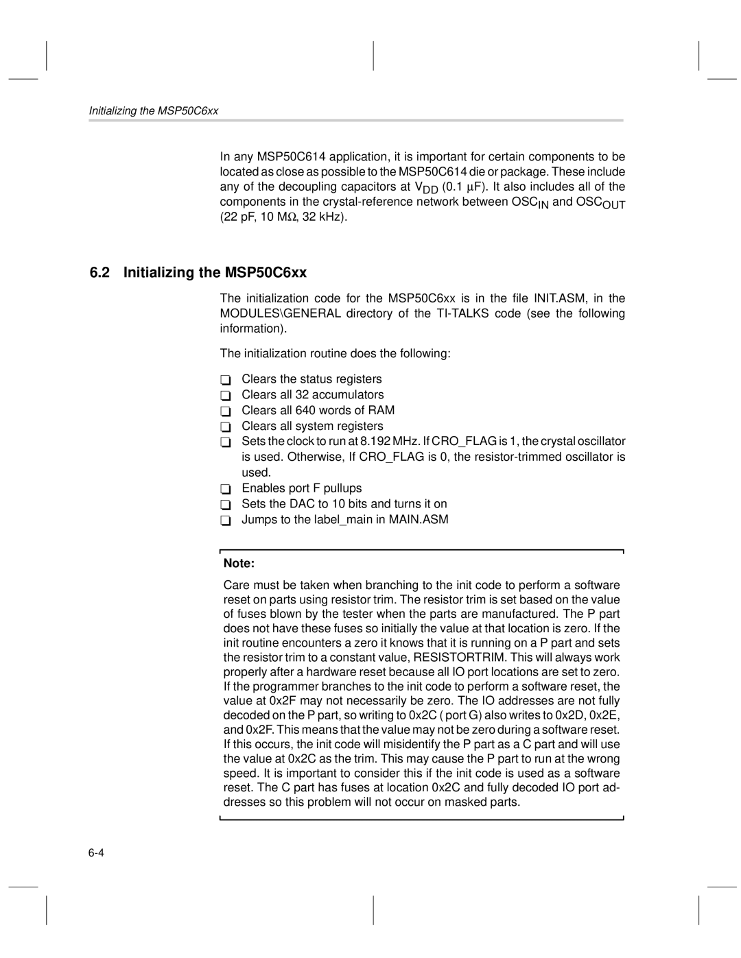 Texas Instruments manual Initializing the MSP50C6xx 