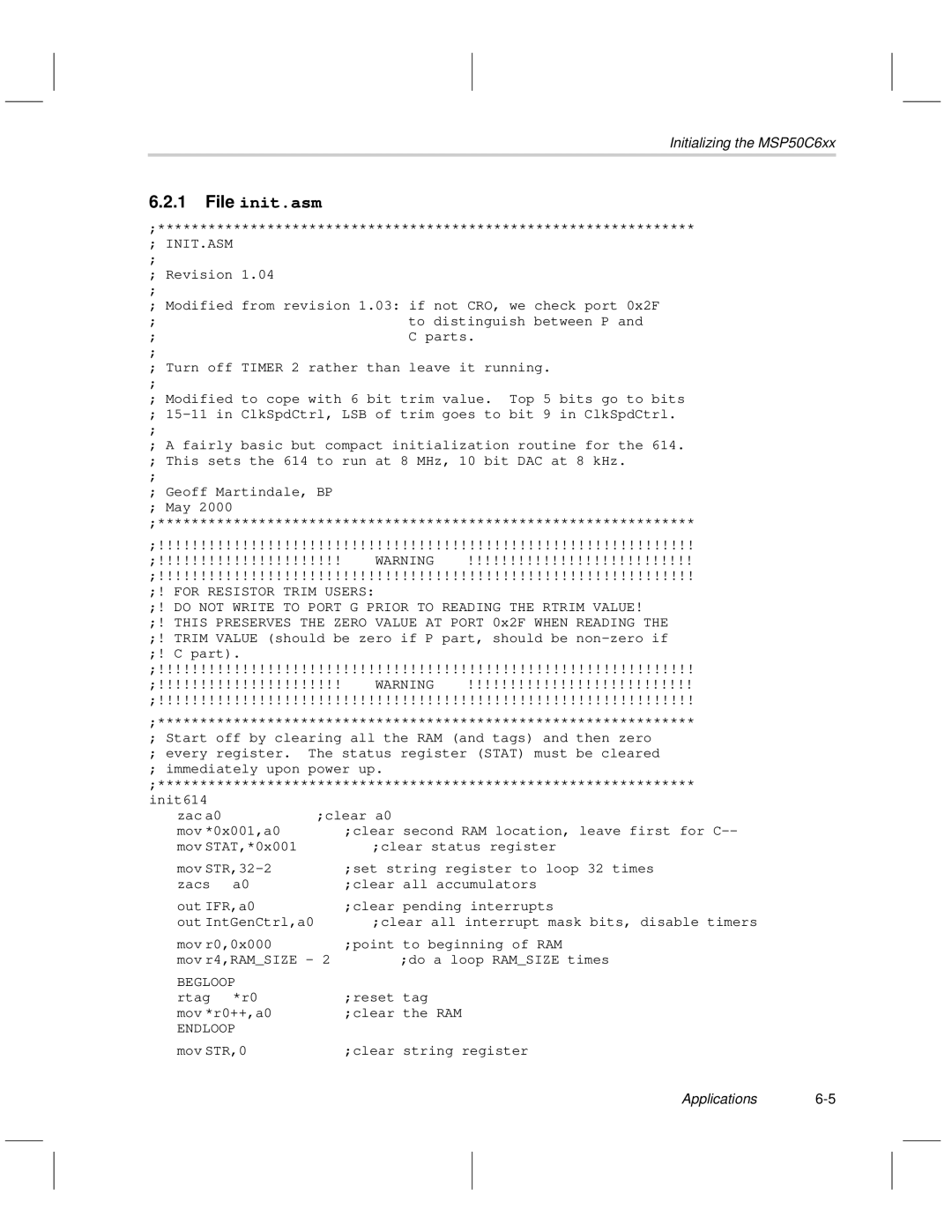 Texas Instruments MSP50C6xx manual File init.asm, Applications6-5 