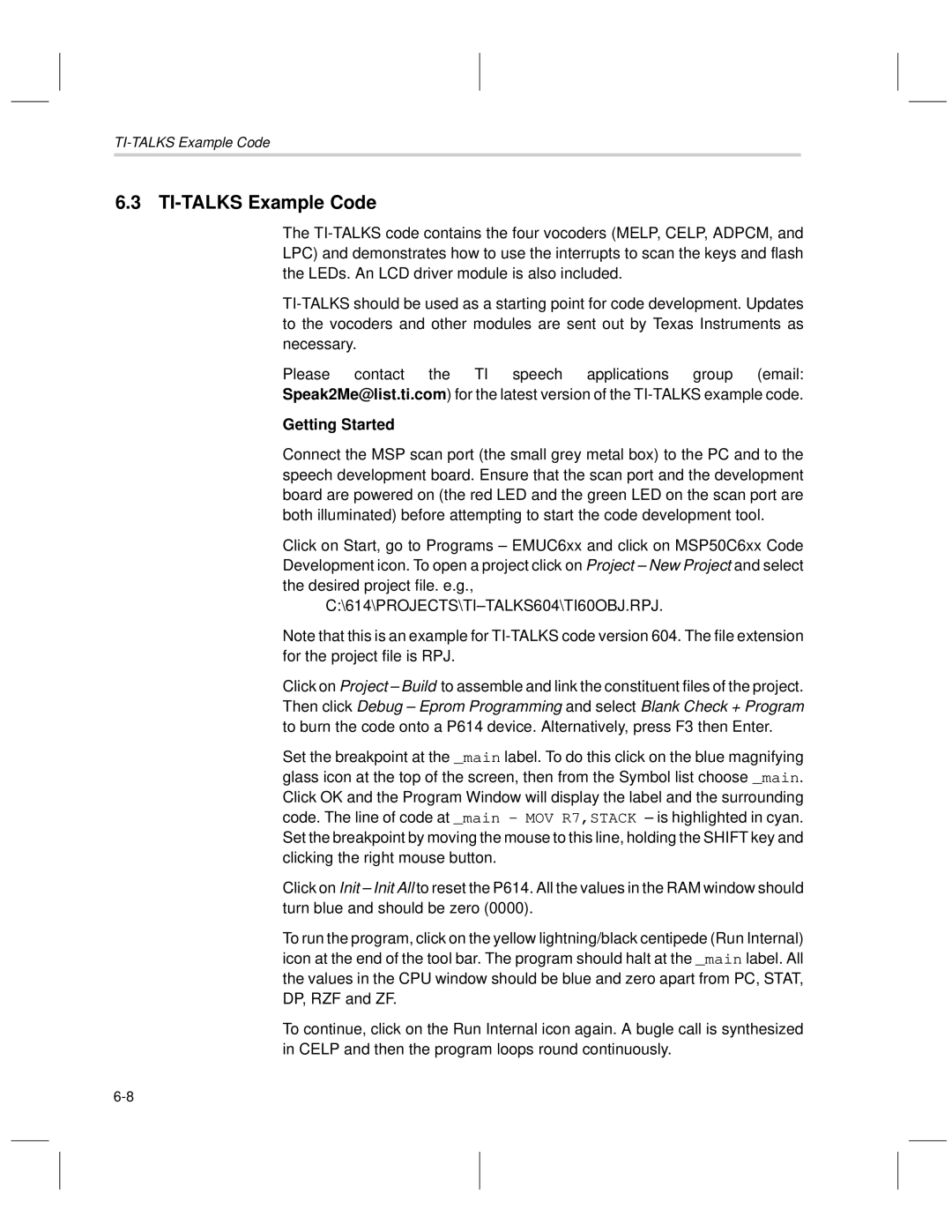 Texas Instruments MSP50C6xx manual TI-TALKS Example Code, Getting Started 