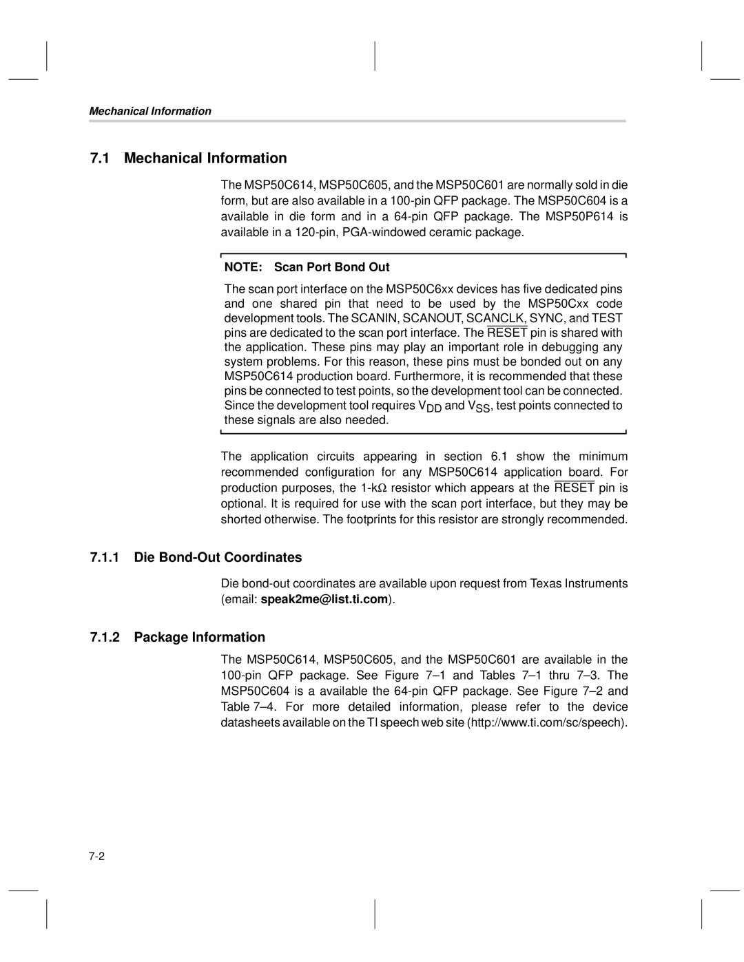Texas Instruments MSP50C6xx manual Mechanical Information, Die Bond-Out Coordinates, Package Information 