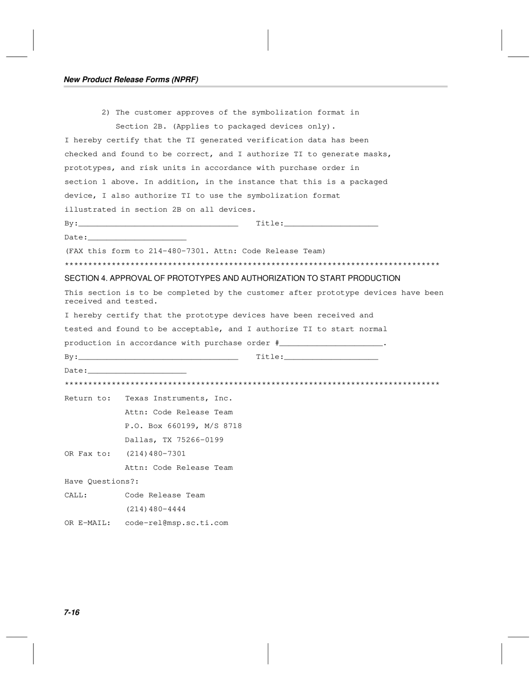 Texas Instruments MSP50C6xx manual Approval of Prototypes and Authorization to Start Production 