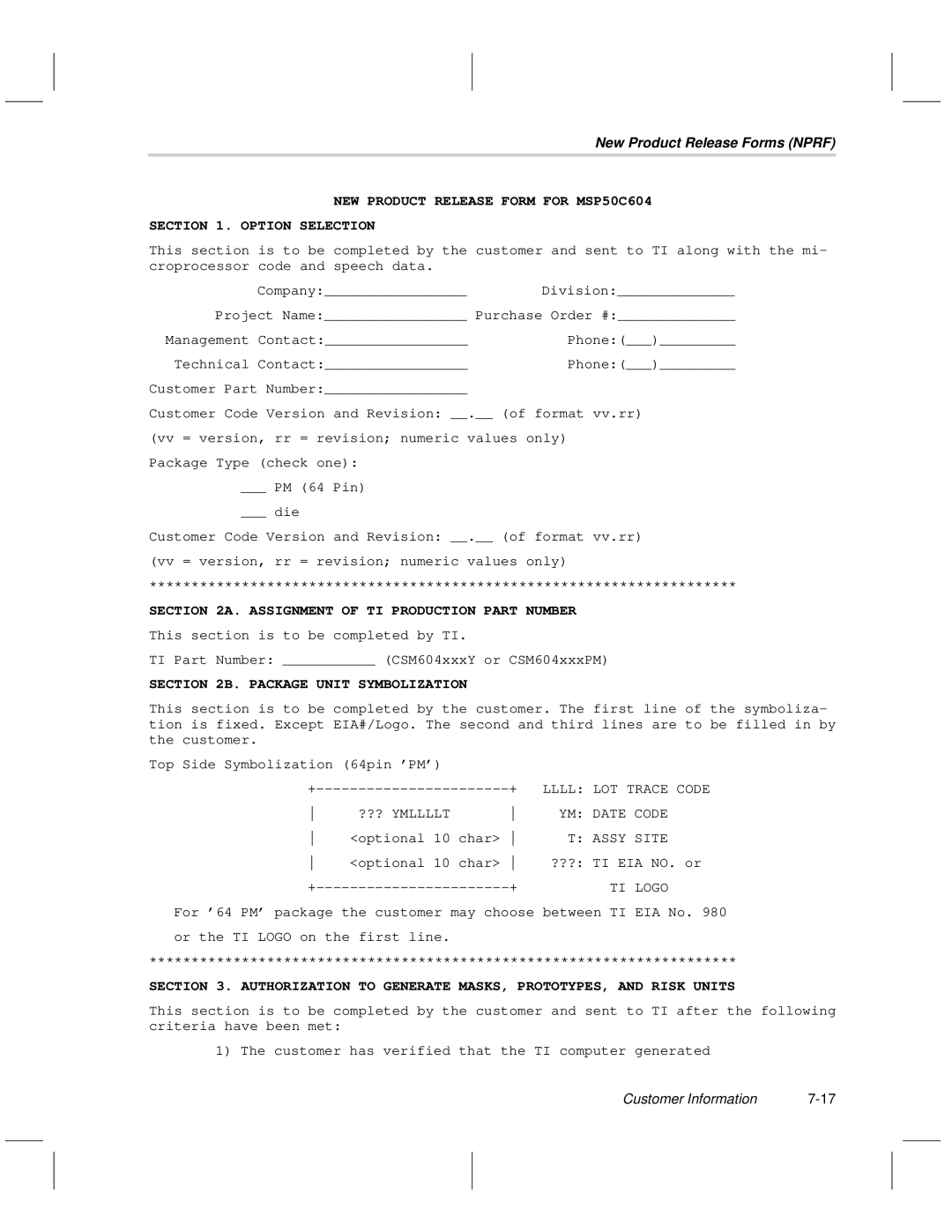 Texas Instruments MSP50C6xx manual NEW Product Release Form for MSP50C604 Option Selection 