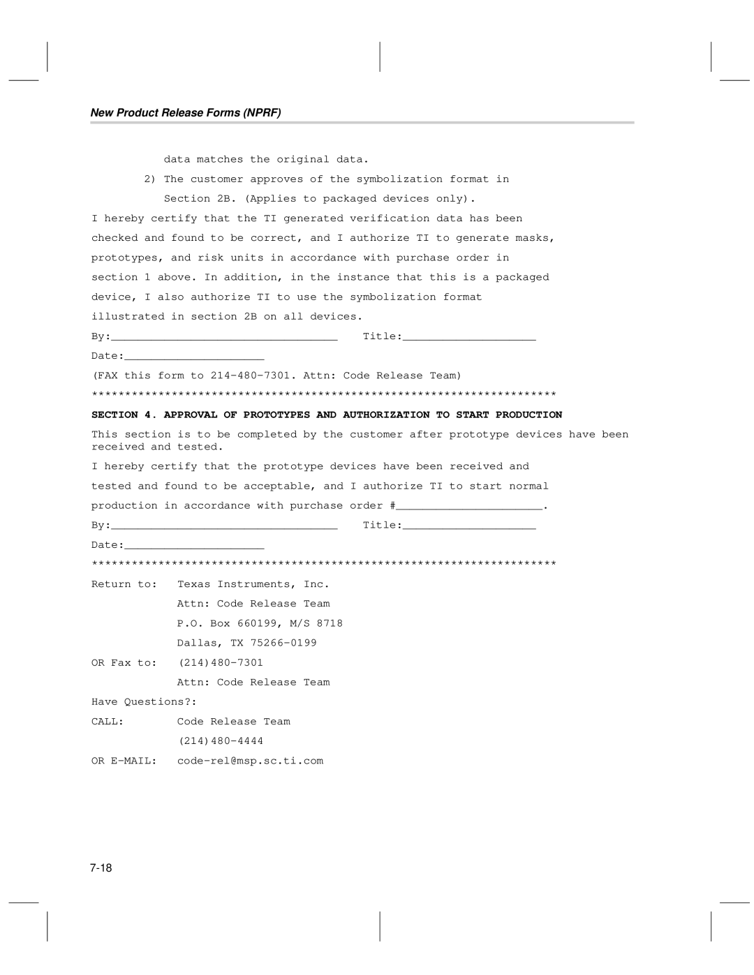 Texas Instruments MSP50C6xx manual New Product Release Forms Nprf 