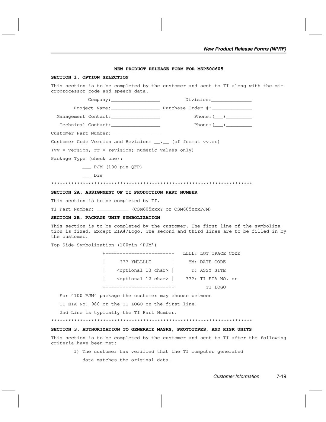 Texas Instruments MSP50C6xx manual NEW Product Release Form for MSP50C605 Option Selection 