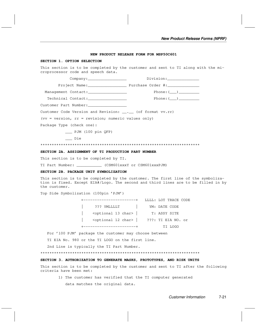 Texas Instruments MSP50C6xx manual NEW Product Release Form for MSP50C601 Option Selection 