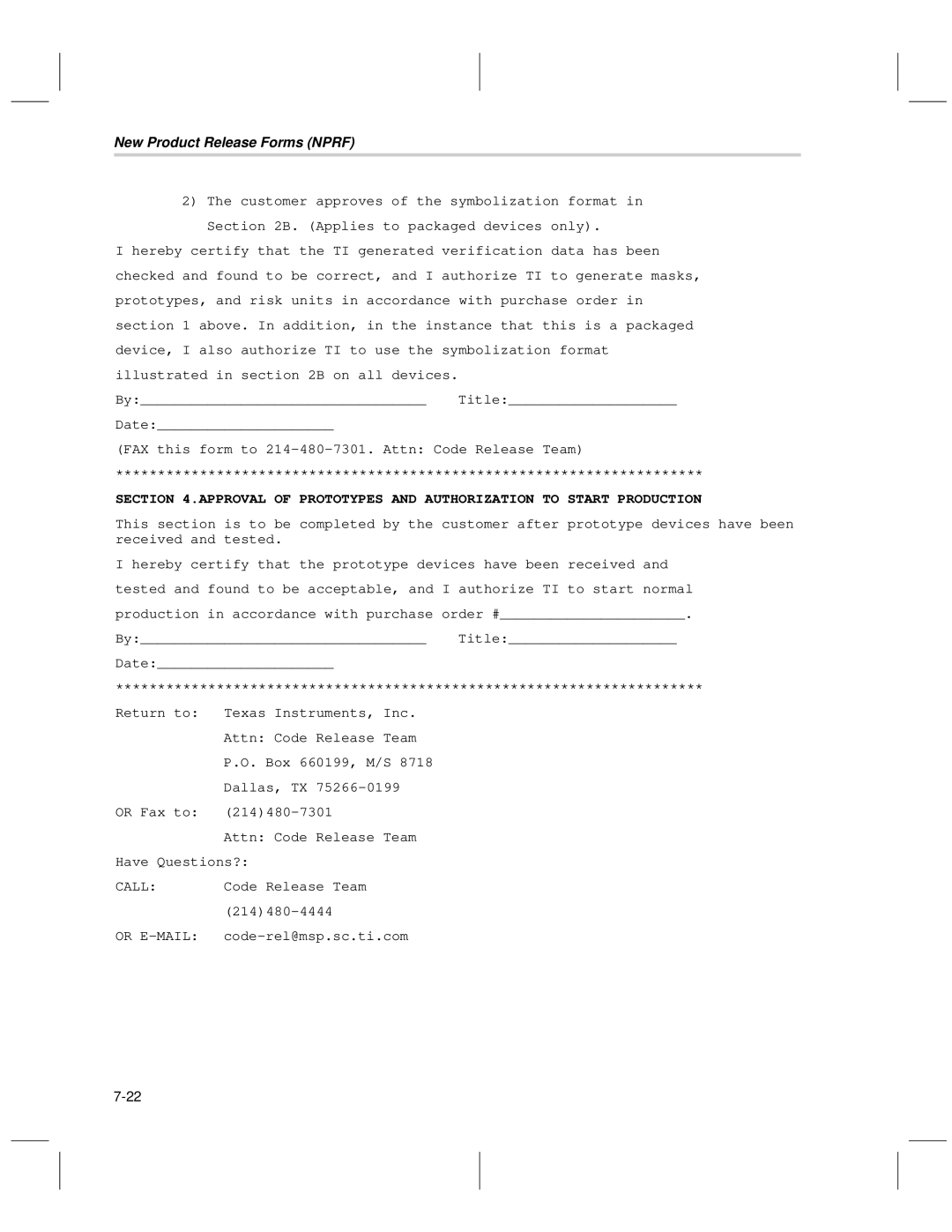 Texas Instruments MSP50C6xx manual New Product Release Forms Nprf 