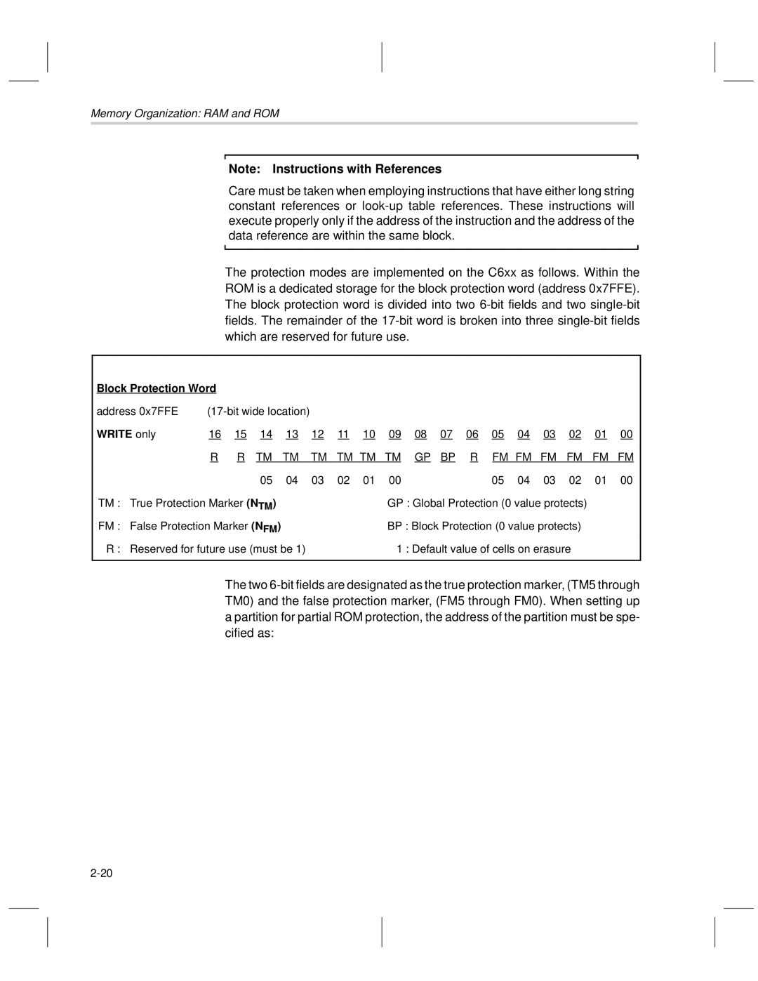 Texas Instruments MSP50C6xx manual Block Protection Word, Address 0x7FFE, Write only, True Protection Marker N TM 