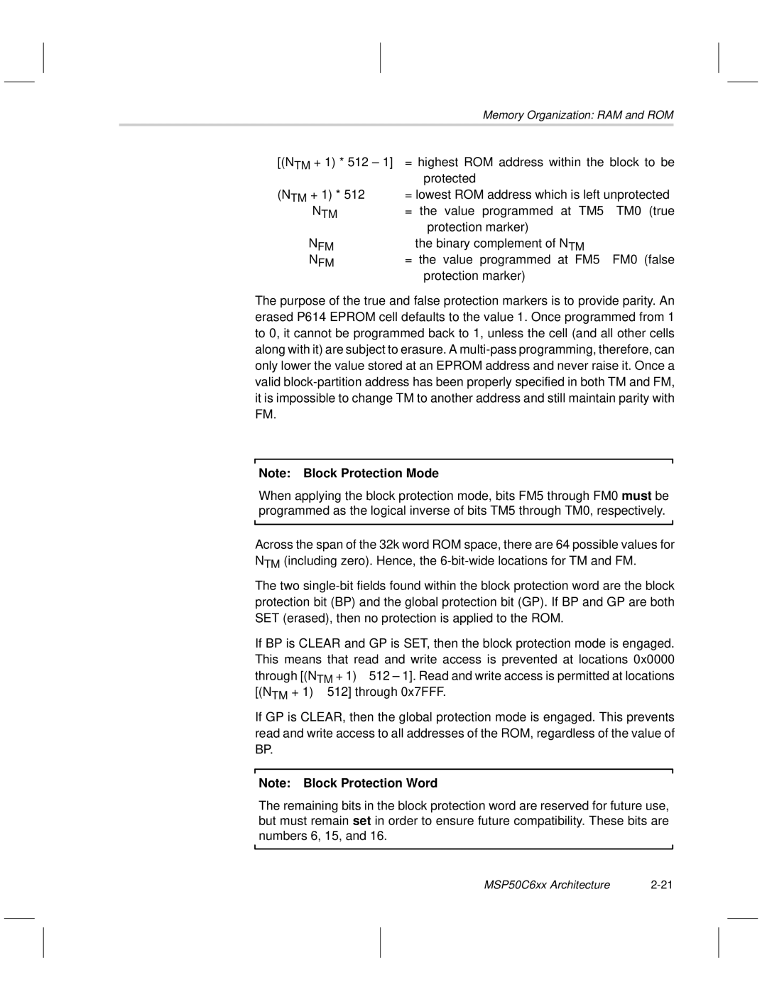 Texas Instruments MSP50C6xx = the value programmed at TM5 … TM0 true, Protection marker, ≡ the binary complement of N TM 