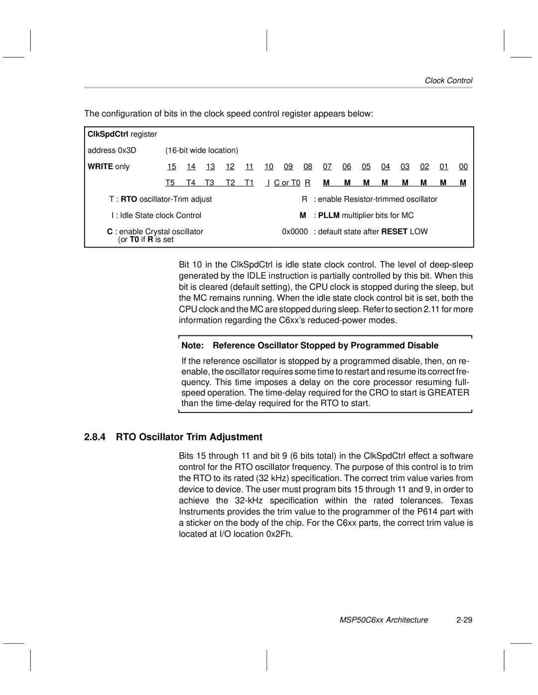 Texas Instruments MSP50C6xx manual RTO Oscillator Trim Adjustment, ClkSpdCtrl register 