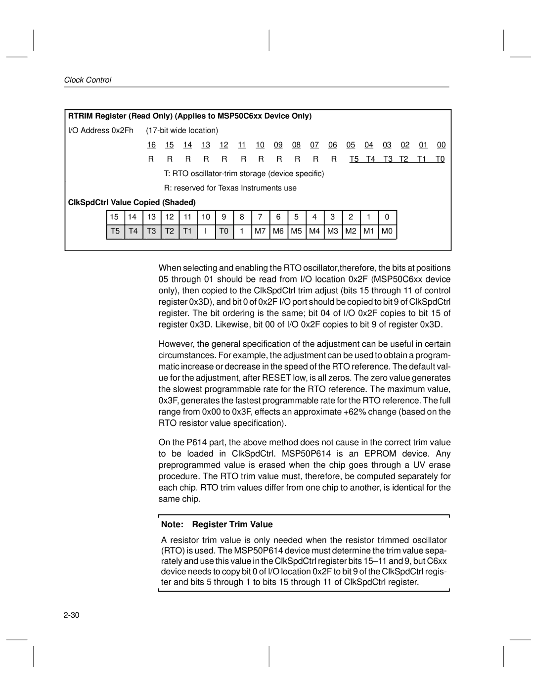 Texas Instruments manual Rtrim Register Read Only Applies to MSP50C6xx Device Only, ClkSpdCtrl Value Copied Shaded 