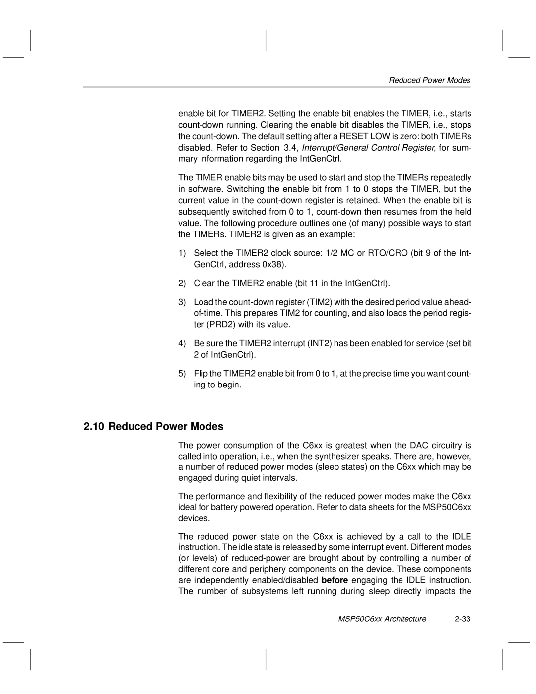 Texas Instruments MSP50C6xx manual Reduced Power Modes 
