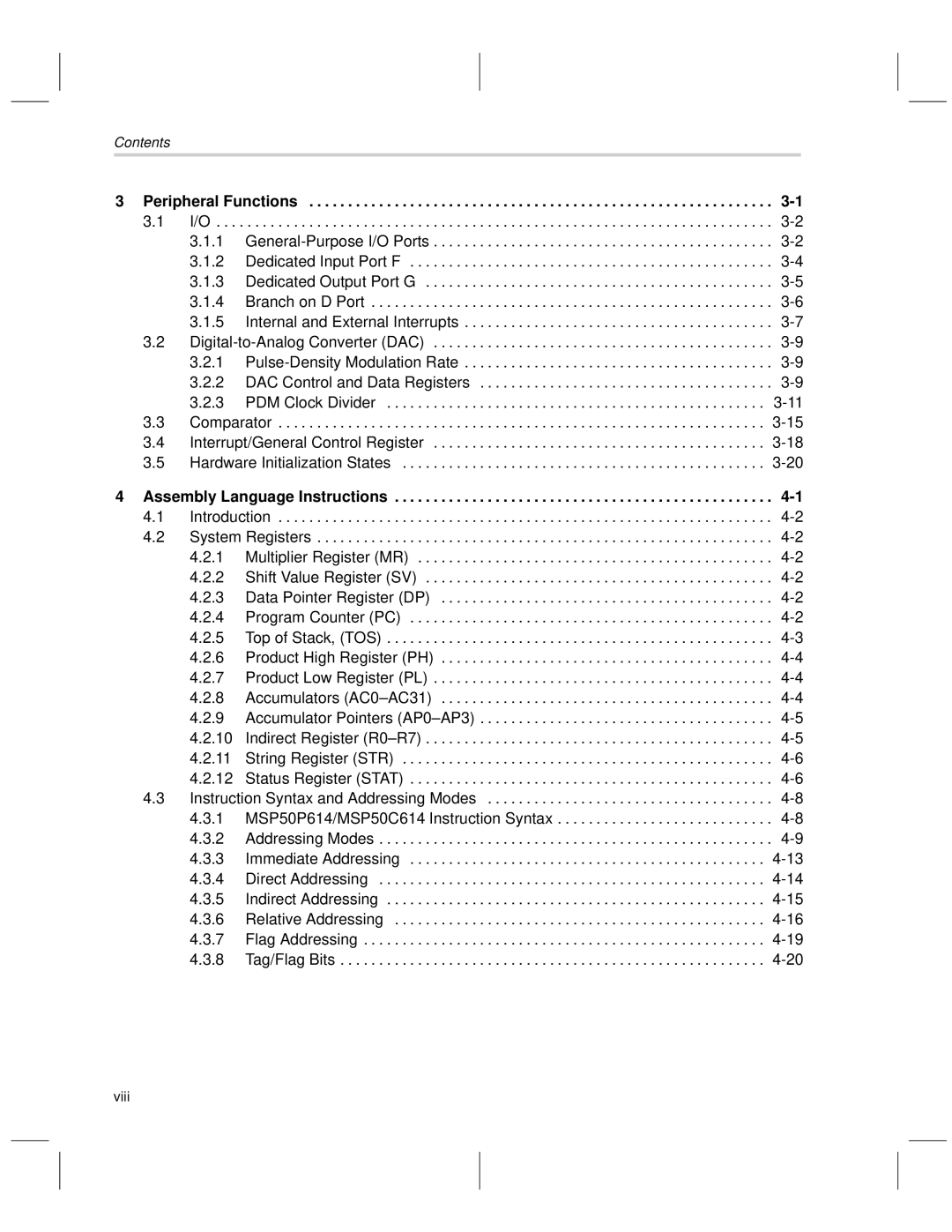 Texas Instruments MSP50C6xx manual Assembly Language Instructions, Contents, Peripheral Functions 