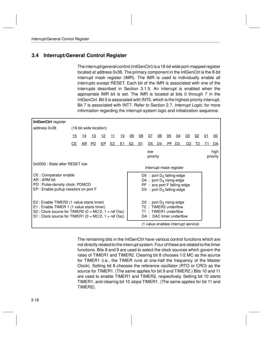 Texas Instruments MSP50C6xx manual Interrupt/General Control Register, IntGenCtrl register, Address Bit wide location Low 