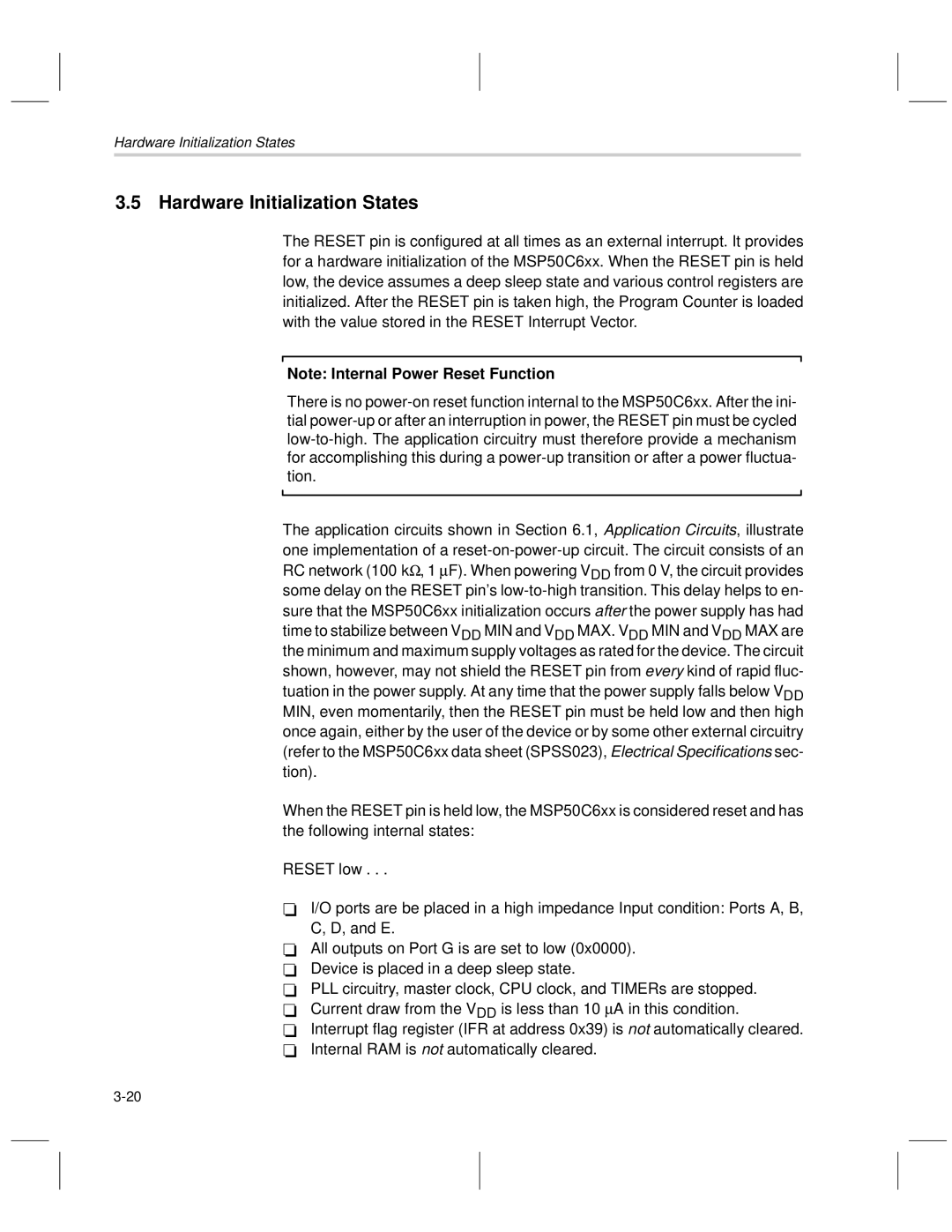 Texas Instruments MSP50C6xx manual Hardware Initialization States 