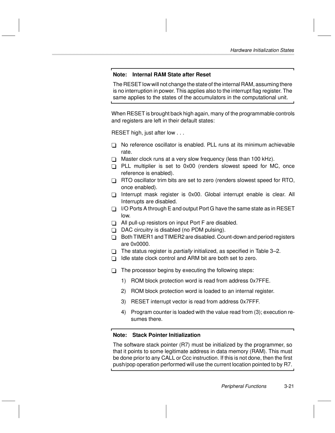 Texas Instruments MSP50C6xx manual Hardware Initialization States 