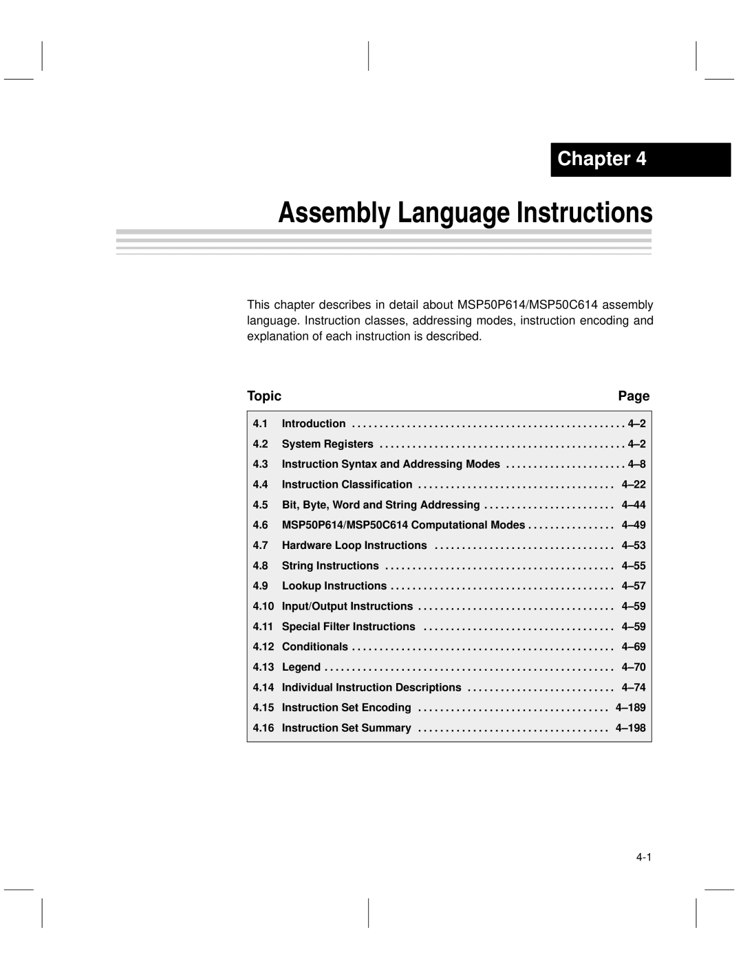 Texas Instruments MSP50C6xx manual Assembly Language Instructions, Instruction Set Summary 