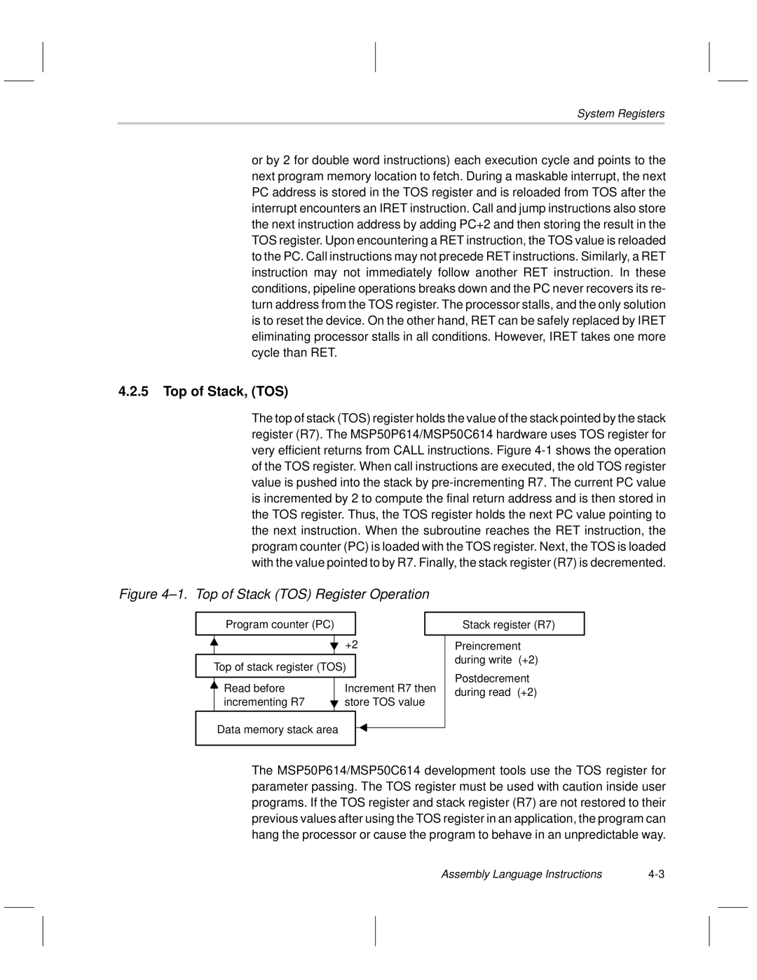 Texas Instruments MSP50C6xx manual Top of Stack, TOS, System Registers, Postdecrement, Assembly Language Instructions 