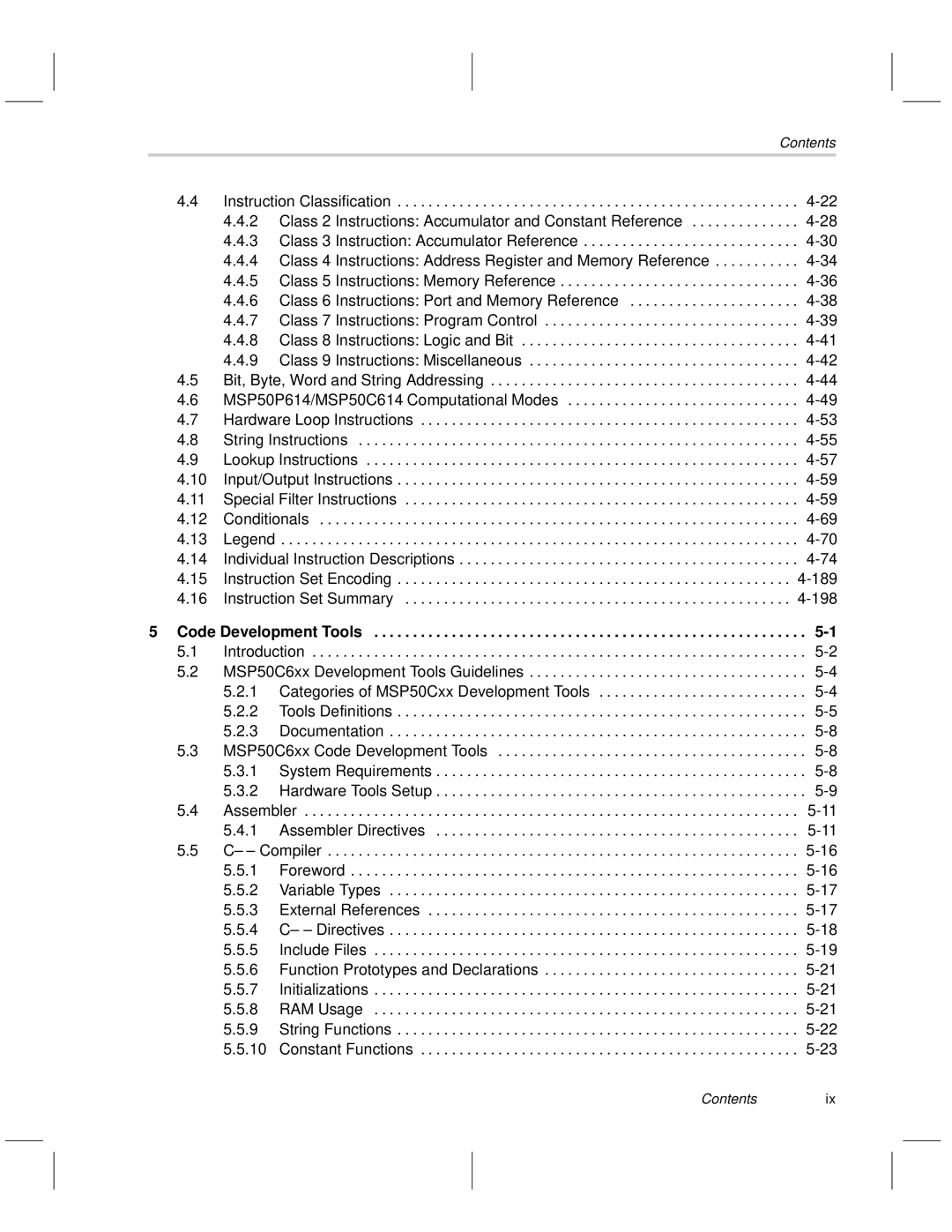 Texas Instruments MSP50C6xx manual Code Development Tools, Contentsix 